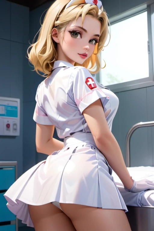 1girl, blonde, nurse, glossy white lather skirt, 