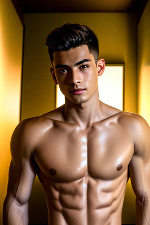 ((masterpiece)),((bestquality)),photography,award winning,documentary,8k,high detailed,ultra-detailed,depth of field,1boy,adult,male focus,handsome face,slim,real skin texture,well-proportioned hands,solo,face difference,model,thick  eyebrows,topless male,...