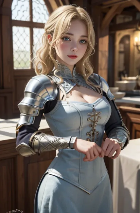 1fille, chef-d&#39;artwork, best quality, 8K, detailed skin texture, detailed fabric texture, beautiful detailed face, intricate details, Ultra detailed, A European girl, yeux verts, Curly Blonde Hai, personnage 3D, Medieval Knight