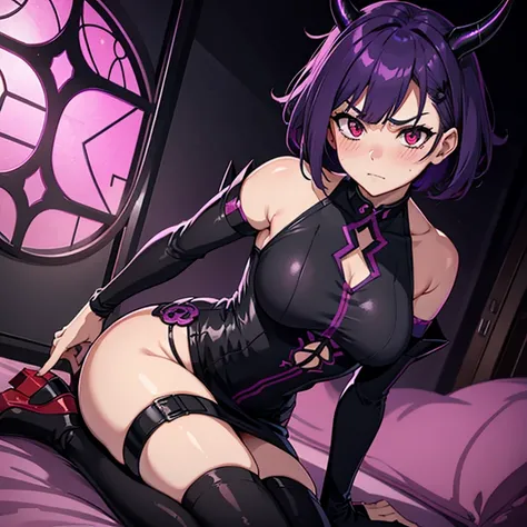 purple hair, female, cut hair, black short dress, teen, red eyes, blush, angry, demon, pussy, ecchi, hentai, sexy, sex ,devil