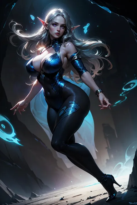 (masterpiece, best quality, perfect face, beautiful and aesthetic:1.2, dynamic angle, highest detailed face), (beautiful female elf sorceress, long messy hair, (silver hair:1.3), (purple eyes:1.2), huge breasts, narrow waist, perfect fit body), shapely but...