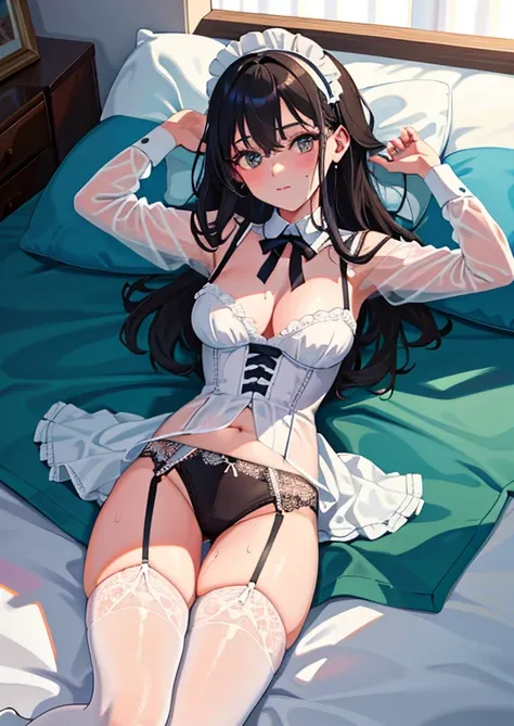 maid, (masterpiece, highest quality:1.1), sexy lingerie, stockings, garter belt、((highest quality)), ((masterpiece)), (become familiar with), Girl with the perfect face， best quality people， （（（（Light costume））））， （big breasts）， Sparkling， （20-year-old）， （...