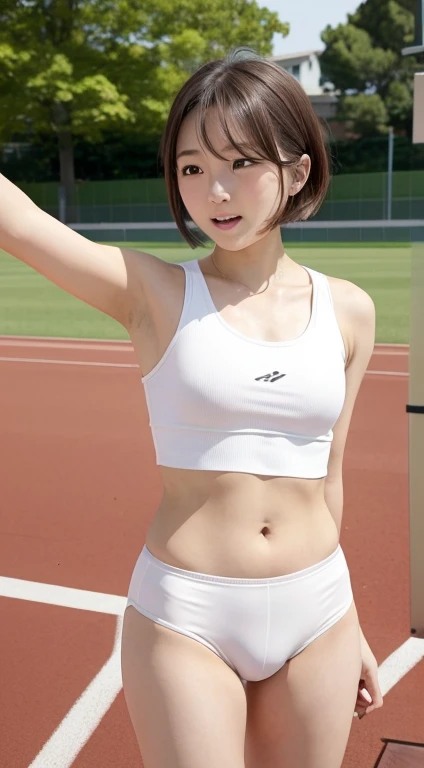 Maki Horikita Beautiful girl Beautiful face Teenager Young face Crying expression Crying face Short stature Slim body Athletics Navel exposed Beautiful legs Short cut Brown hair Small breasts White camisole Raising hand Japanese school Extracurricular acti...