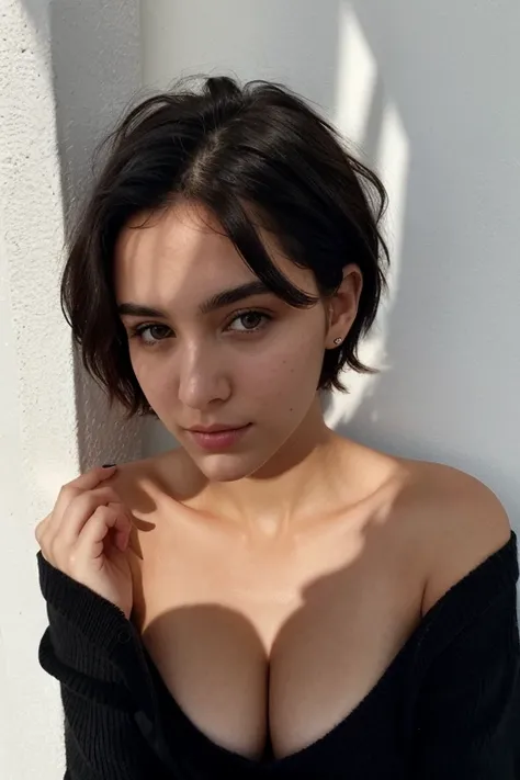 instagram body photo, 21yo french woman, short hair, black hair, black eyes, closeup portrait, sweater, cleavage, pale, hard shadows, she is naked