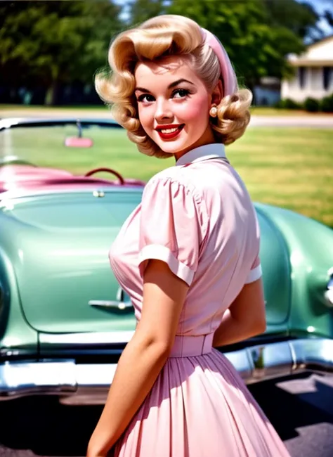 Portrait of a beautiful young housewife, smiling, wearing a pastel pink dress, The picture is taken with an analog camera in the 1950s. People wearing traditional 50s style clothes, people having traditional 50s haircuts, Photo by William Eggleston, 50s lo...