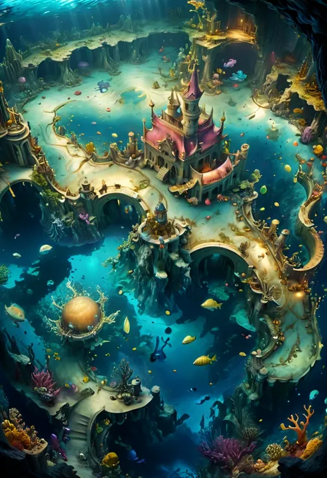 close_up of a treasure map, in the underwater palace, mysterious, fantasy, panoramic view, Ultra high saturation, (best quality, masterpiece, Representative work, official art, Professional, 8k)