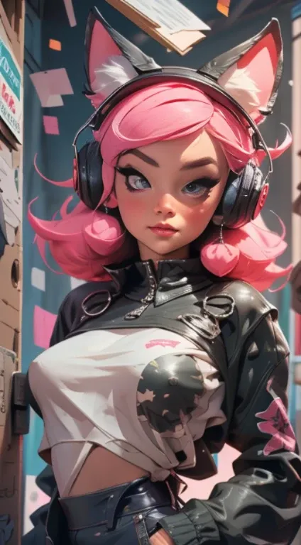 (Best quality), (masterpiece), (realistic) and ultra-Detailed photo of cute 1 nerdy girl in futuristic neon headphones with plastic fox ears on them, She has a (fluffy pink hair), is wearing an leather (unbuttoned) pink-Black racing jacket on a naked body,...