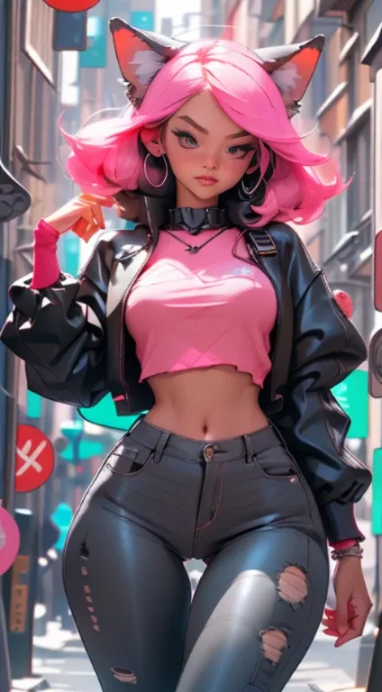 (Best quality), (masterpiece), (realistic) and ultra-Detailed photo of cute 1 nerdy girl in futuristic neon headphones with plastic fox ears on them, She has a (fluffy pink hair), is wearing an leather (unbuttoned) pink-Black racing jacket on a naked body,...