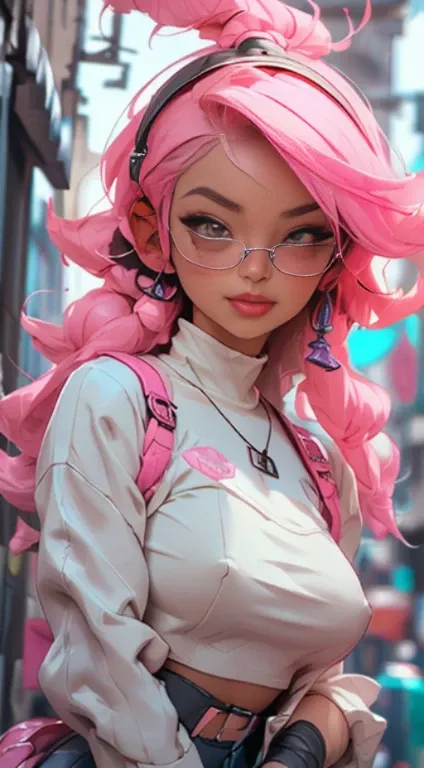 (Best quality), (masterpiece), (realistic) and ultra-Detailed photo of cute 1 nerdy girl in futuristic neon headphones with plastic fox ears on them, She has a (fluffy pink hair), is wearing an leather (unbuttoned) pink-Black racing jacket on a naked body,...