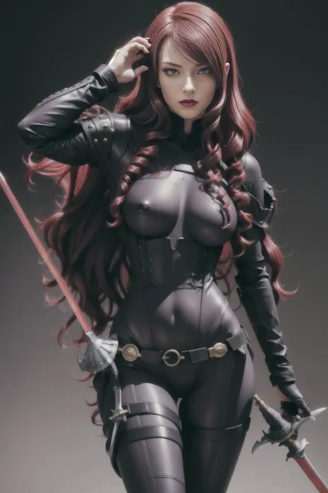 a woman with red lipstick has armor on and is holding a sword, kirijou mitsuru, 1girl, solo, hair over one eye, long hair, (((red hair))), (((red eyes))), weapon, rapier, sword, bodysuit, black bodysuit, grey bodysuit, hand on hip, (((large breasts))), sim...