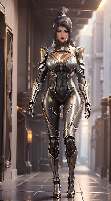 (((full body photo)))  (1GIRL, ALONE, SOLO), (super detailed face), (Black Long ponytail Hair:1.2), (BIG BUTTOCKS, 11 LINE ABS, HUGE :1.5), (MECHA GUARD ARM:1.3), (SILVER,GOLD MECHA CYBER ARMORED, CLEAVAGE, MECHA SKINTIGHT SUIT PANTS, DIAMOND CORE IN ARMOR...