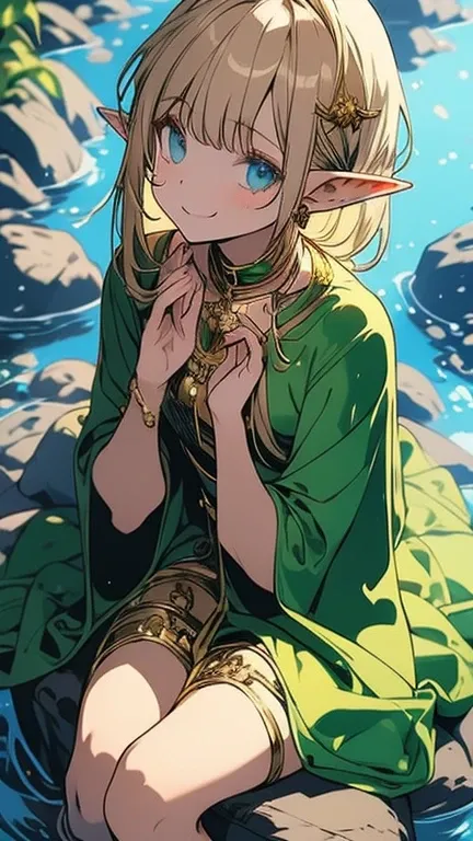  (masterpiece), best quality, expressive eyes, perfect face,
A girl, elf ears, green robes, gold trim, gold embroidery, a stream, sitting on a rock, surrounded by very small fairies, smiling at me, extending her right hand.