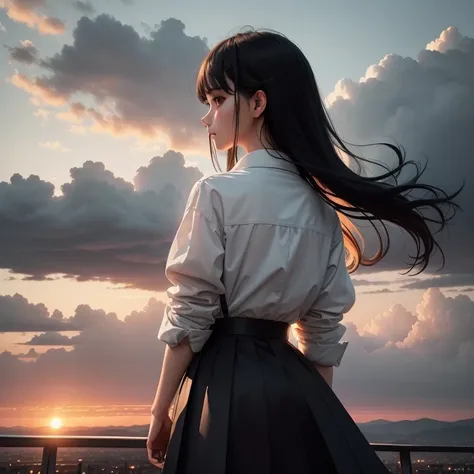 secondary elements，There is one girl，Please wear a white shirt and black pleated skirt，Right side near edge，stare into the distance，You can see her left side behind you，Above is a sky with clouds，Near dusk，There is a sunset，Below are the towns，The overall ...