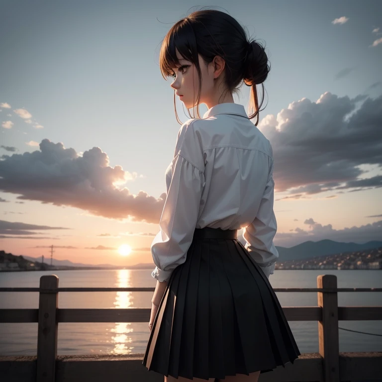 secondary elements，There is one girl，Please wear a white shirt and black pleated skirt，Right side near edge，stare into the distance，You can see her left side behind you，Above is a sky with clouds，Near dusk，There is a sunset，Below are the towns，The overall ...