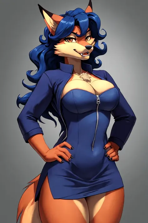 Carmelita Fox, chest, skin tight outfit, fangs, hand on hip, seductive, blue hair, simple background, short skirt, 1girl, masterpiece, realistic, best quality, ultra detail, ultra high res, extreme detail, highres, 8k