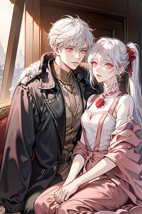 1 couple, 1 male and 1 female, adult, adult face, human, (male: black hair with bangs), (female: white hair), (male: red eyes), (female: rose pink eyes), (female: small breasts), (male: handsome), (female: shy), (male:bad boy), fantasy, medieval times