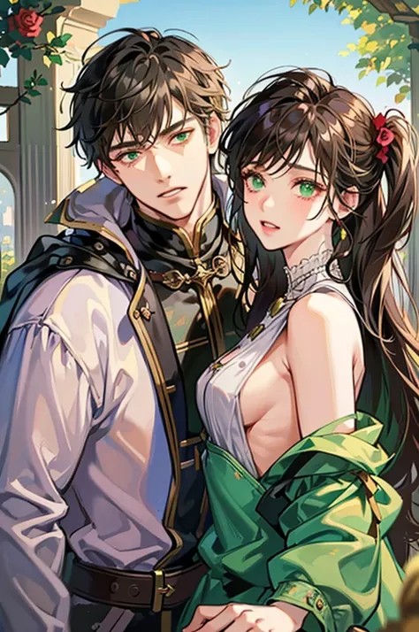 1 couple, 1 male and 1 female, adult, adult face, human, (male: brown hair with bangs), (female: black hair), (male: green eyes), (female: rose plue eyes), (female: small breasts), (male: handsome), (female: shy), (male:bad boy), fantasy, medieval times