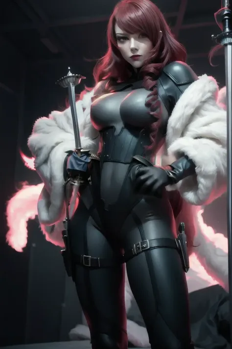 a woman with red lipstick has armor on and is holding a sword, kirijou mitsuru, 1girl, solo, hair over one eye, long hair, (((red hair))), (((red eyes))), weapon, rapier, sword, bodysuit, black bodysuit, grey bodysuit, hand on hip, (((large breasts))), sim...