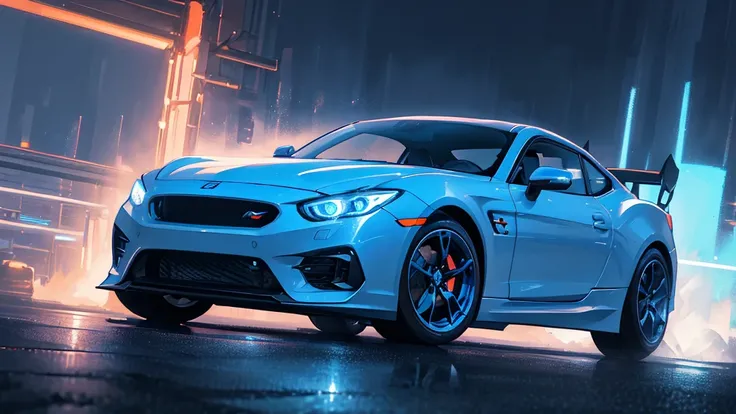 (white sports car, blue headlights), (highway, colorful neon), (8k, extremaly detailed, lighting like a movie, lense flares)