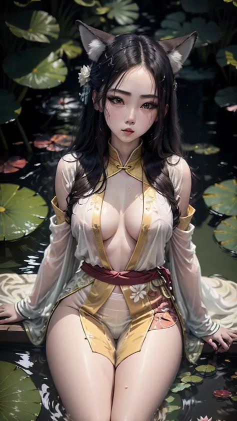 ridiculous, high resolution, Super detailed, (1 girl:1.3), Hand Painted, simple lines, 16 year old girl wearing colorful Chinese Hanfu, sexy fox ears girl, By the lotus pond, masterpiece, Sit in the water, floating clothes, flowing hair