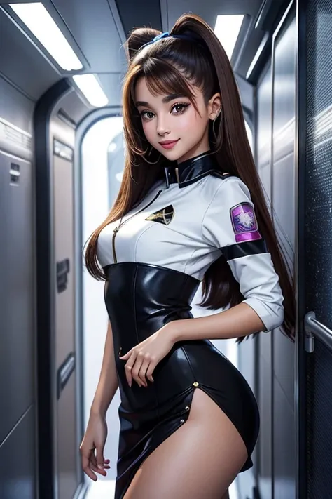 20 year old sexy space baby, beautiful with long luscious brown hair, eyeliner, lipstick, eye shadow, Frivolous smile, a cute sparkle in her eyes, like々new enthusiasm, Corporate bridge, wearing TNG uniform, sophisticated facial details, Walk through the co...