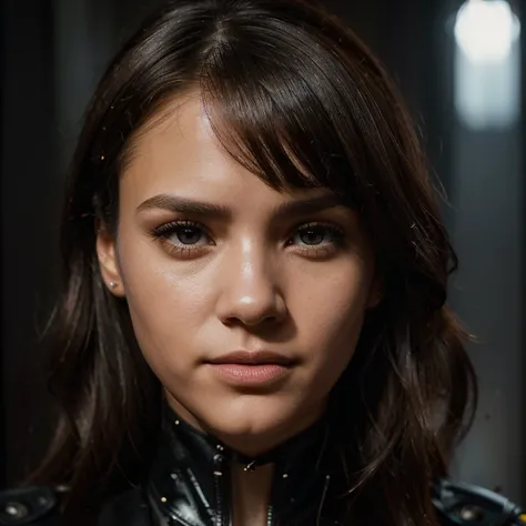 jessica_alba, portrait, solo, upper body, looking at viewer, detailed background, (action movie theme), spy, espionage, secret mission, heist, covert operation, gadgets, black leather clothes,, ((sharp face, detailed face, realistic face, naturtal skin, re...