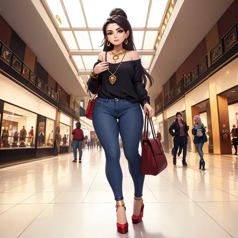 Curvy body wearing a baggy red long sleeved shirt, baggy blue jeans, a gold pendant, red heels, a Gucci hand bag, and silver earrings standing in the middle of a mall