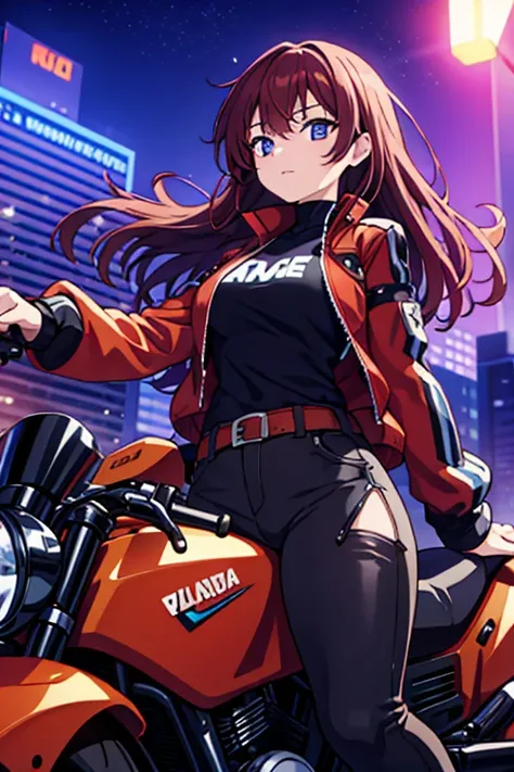 A beautiful orange-haired girl with part of her hair dyed purple who is dressed in tight black pants., una playera negra, un par de botas negras, a deep red jacket carrying a sword on his back and riding a modern motorcycle.