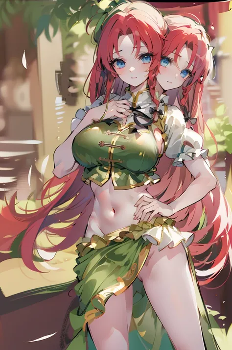 (masterpiece, best quality),best quality, best resolution, (ultra-detailed), (3heads:1.5), 1girl, (hong meiling:1.3), masterpiece, best quality, green top, crop top, ((stomach)), midriff, ((groin)), green skirt, miniskirt, normal ears, shackles, red hair, ...