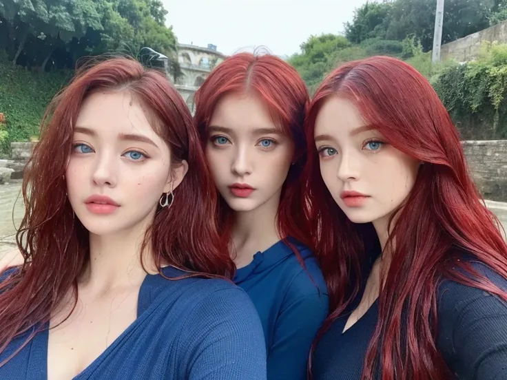 4 miniature Beautiful handsome woman, ((top quality, 8k, masterpiece:1.retty woman, 1woman, huge breasts:1.3, slender figure:1.1, elastic red long hair, (shower, wet body, wet clothes:1.1), very detailed face, detailed lips, detailed eyes, double eyelids, ...