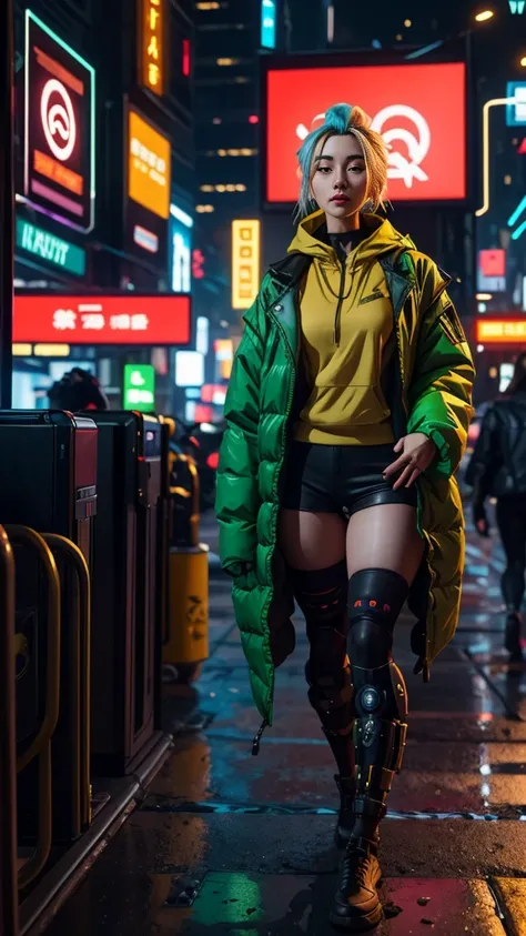 there is a woman in a red and gold outfit standing next to a green and yellow poster, trending on artstation pixiv, octane. trending on artstation, digital cyberpunk anime art, cyberpunk character design, fine details. girls frontline, from girls frontline...