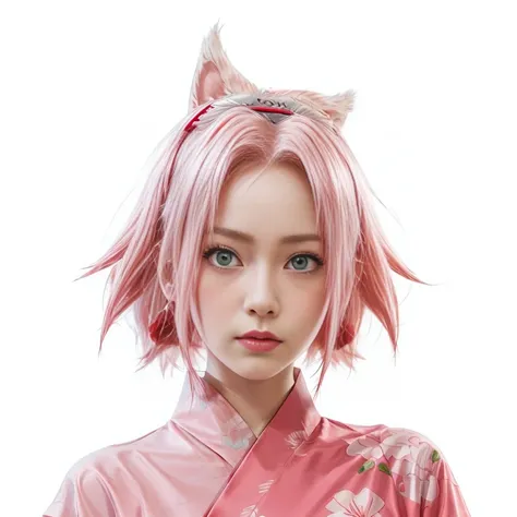 young woman, white skin, short bubblegum pink hair, wide forehead, pink eyebrows, large emerald green eyes, upturned nose, full lips, heart-shaped face, red clothing with kimono design, high detail, sharp focus, Sakura Haruno, realistic , realism, 3d