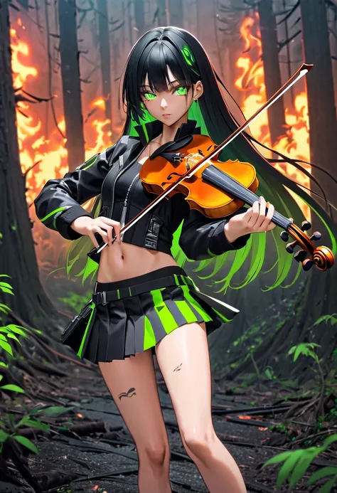 1 girl, solo, long_hair, bangs_between_the_eyes black_hair_with_strands_green, bi_color_
green_neon eyes, sexy_face, violin_in_h...