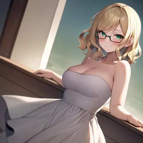 masterpiece, best quality, 1girl, solo, mature female, large breasts, plump, wavy hair, very short hair, blonde hair, green eyes, round glasses, white dress, white dress, tube dress, blush, smirk, looking at viewer