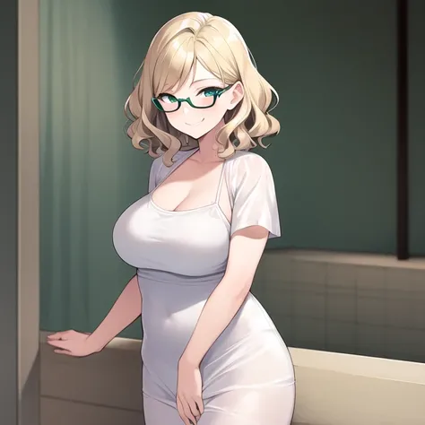 masterpiece, best quality, 1girl, solo, mature female, large breasts, plump, wavy hair, very short hair, blonde hair, green eyes, round glasses, white dress, white dress, tube dress, blush, smirk, looking at viewer