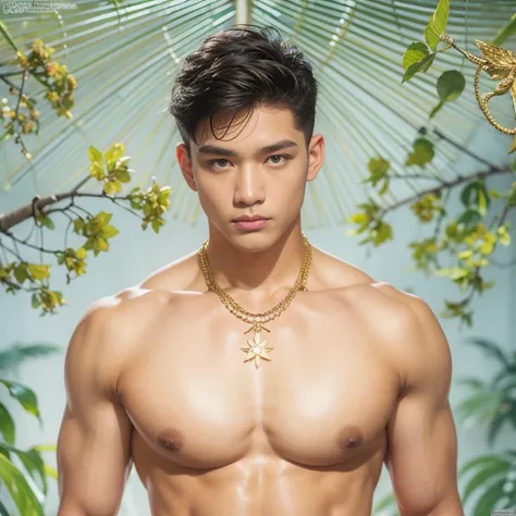 hyper realistic oil painting of a male, age 18, handsome indonesian men, face [Rangga aadc: zayyan xodiac: 0.5], wear rope harness, two large wings, [by Alphonse Mucha: john william waterhouse: Charles Dana Gibson: charlie bowater: 0.6], natural red lips, ...