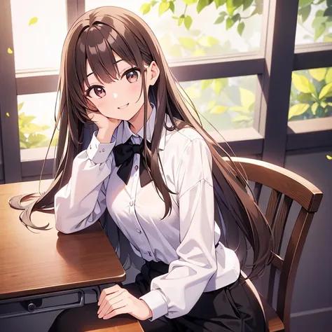 20 years old、Height 165 cm、pretty、Long brown hair、Bangs that reach the eyebrows、White shirt、black tie、black trousers、school、First-person perspective、head on hand、Place your hands on the table、Smile