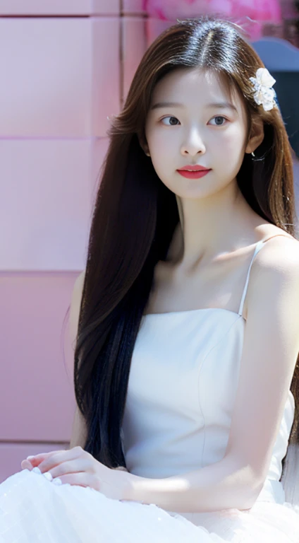 an asian girl with long dark hair and a pretty white dress, in the style of precise hyperrealism, light silver and dark pink, gongbi, transparent/translucent medium, combining natural and man-made elements, dark white and dark azure, luminous quality 