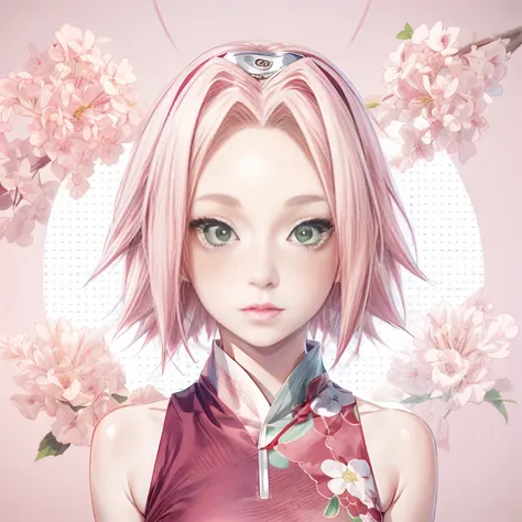 young woman, white skin, short bubblegum pink hair, wide forehead, pink eyebrows, large emerald green eyes, upturned nose, full lips, heart-shaped face, dark red qipao dress, high detail, sharp focus, Sakura Haruno, realistic, realism, 3d