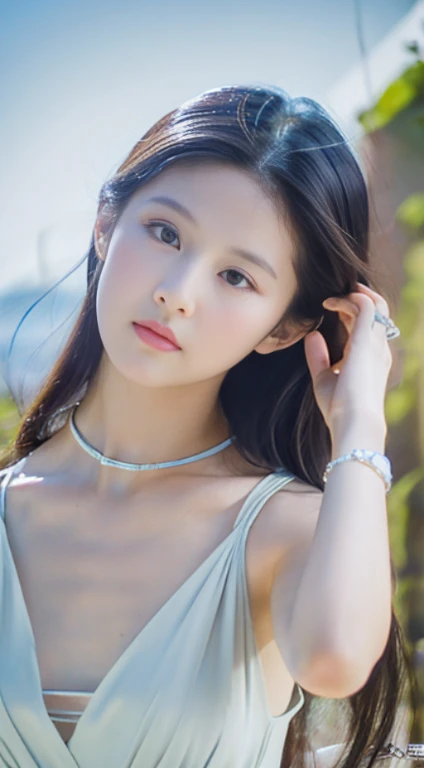 this asian girl has long dark hair and is posing for a photo, in the style of precise hyperrealism, qiu shengxian, 32k uhd, modern jewelry, light white and light gray, transparent/translucent medium, soft-focused realism 