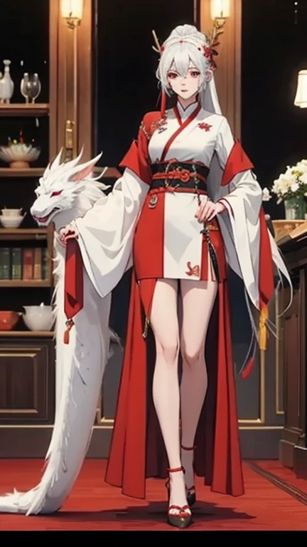 a girl，white hair，red hanfu，With dragon horns on his head，It&#39;s the Dragon Girl，full body picture，Surrounded by a little white dragon，full body picture，High heel，Leaking out of the thighs