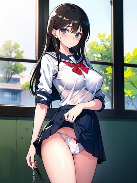 (masterpiece), mature school girl, (see-through,sheer uniform:1.2),sexy, posterior, floral lace undies, natural light, photorealistic, cameltoe, diffused light, depth of field, white skirt, steam, (lift skirt), (urination), lifelike,(gravure pose: 1.2),