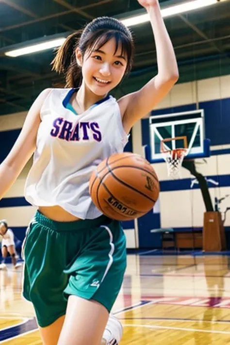 a beautiful japanese highschool girl is playng basketball at the gym. spreading her seeats and running with basketball in her hand.