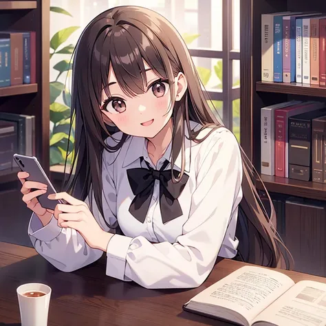 20 years old、Very tall、pretty、Long brown hair、Bangs that reach the eyebrows、White shirt、black tie、black trousers、library、First-person perspective、Hand on the table、head on hand、Smile、There are books on the table、Hold your phone、Wearing white wired headphon...