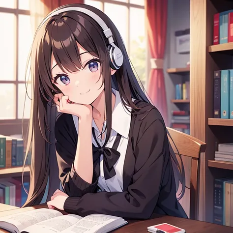 20 years old、Very tall、pretty、Long brown hair、Bangs that reach the eyebrows、White shirt、black tie、black trousers、library、First-person perspective、Hand on the table、head on hand、Smile、There are books on the table、Look at the phone、White wired headphones、