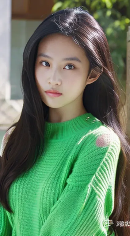 the girl with the green sweater, long hair is posing for a picture, in the style of xiaofei yue, distinctive noses, shiny/glossy, light black and light aquamarine, babycore, dark brown, bella kotak 