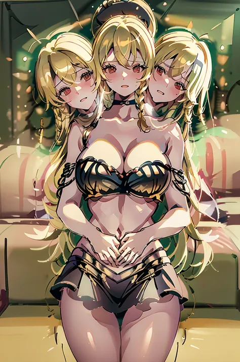 (masterpiece, best quality), best quality, (ultra-detailed), (3heads:1.5), 1girl, (kirasame marisa:1.3), masterpiece, best quality, black top, crop top, ((stomach)), midriff, ((groin)), black skirt, normal ears, shackles, blonde hair, very long hair, wavy ...