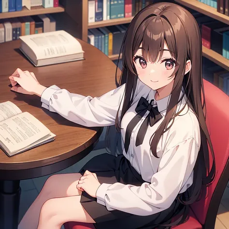 20 years old、Very tall、pretty、Long brown hair、Bangs that reach the eyebrows、White shirt、black tie、black skirt、library、First-person perspective、sitting、Hand on the table、Hold your head with one hand、Smile