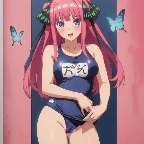 masterpiece, best quality, ultra detailed, best illustration, nsfw, 1girl, one-piece swimsuit, pussy, nakano nino, pink hair, butterfly hair ornament