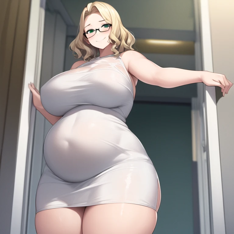 masterpiece, best quality, 1girl, solo, milf, large breasts, fat, large belly, thick thighs, wavy hair, very short hair, blonde hair, green eyes, round glasses, white dress, white dress, tube dress, blush, smirk, looking at viewer